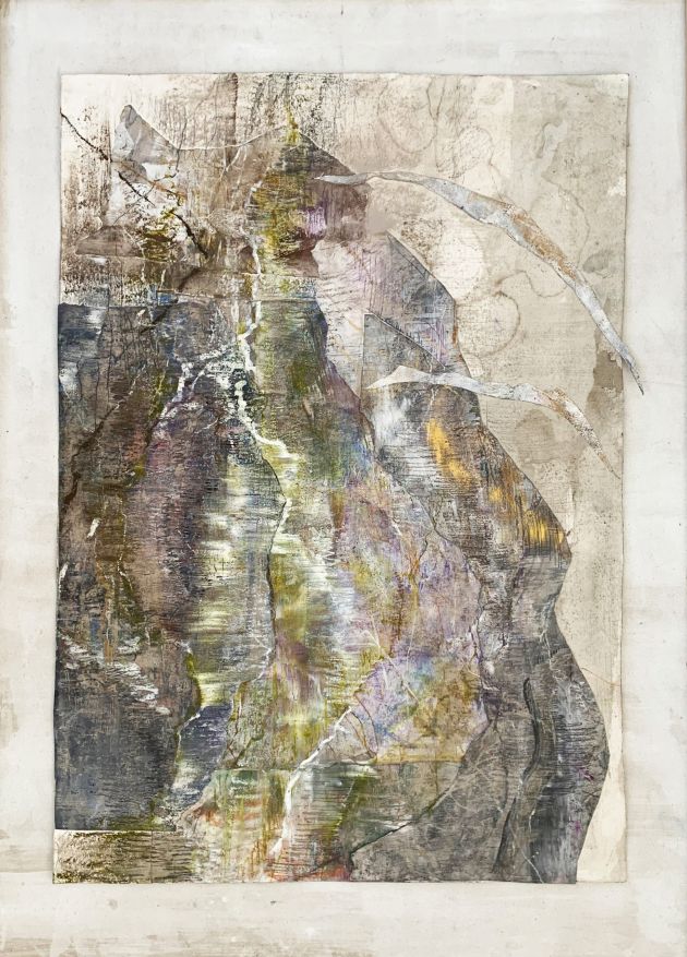 Golden Mountain, mixed media gouache, oil pastels, silver foil, pastels, ink and collage